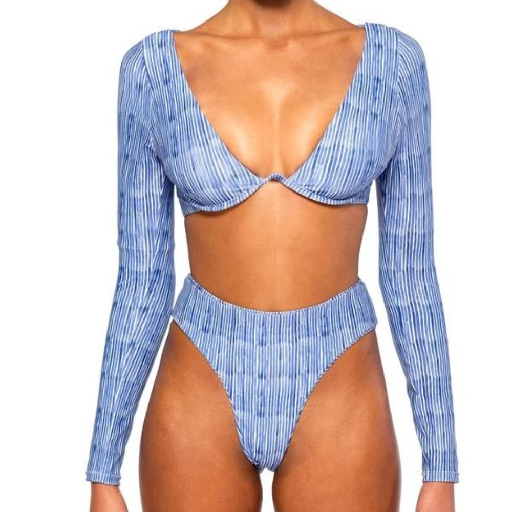 Andrea Iyamah Blue Print Long Sleeve High Waist Bikini Set - Size XL